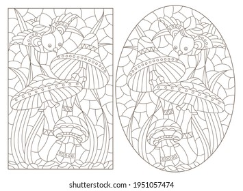 Set of contour illustrations in the style of a stained glass window with mushrooms and a butterfly, dark outlines on a white background