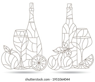 A set of contour illustrations in the style of stained glass with compositions of wine and fruit, still lifes in isolation, dark contours on a white background