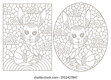 Set of contour illustrations in the style of stained glass with cute cartoon rabbits, dark outlines on a white background