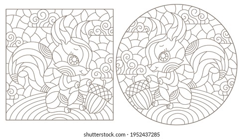 Set of contour illustrations in the style of stained glass with cute cartoon squirrels, dark outlines on a white background