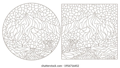 Set of contour illustrations in the style of stained glass with mountain landscapes, dark outlines on a white background