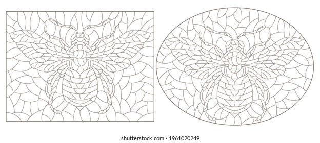 Set of contour illustrations in the style of stained glass with abstract bees, dark outlines on a white background