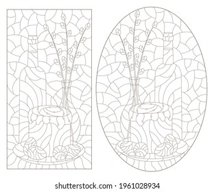 Set of contour illustrations in the style of stained glass with Easter still lifes, dark outline on a white background