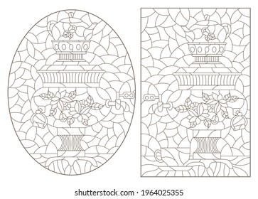 Reihe von Kontur-Illustrationen im Stil von Buntglas mit russischen Samovars und Tepots, dunkle Konturen auf weißem Hintergrund