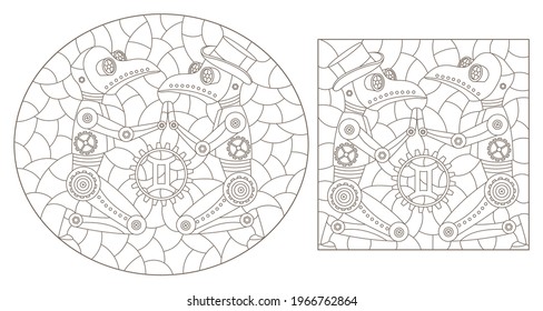 Set of contour illustrations in the style of stained glass with steam punk signs of the zodiac gemini, dark contours on a white background