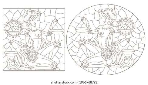 Set of contour illustrations in the style of stained glass with steam punk zodiac signs Libra, dark outlines on a white background