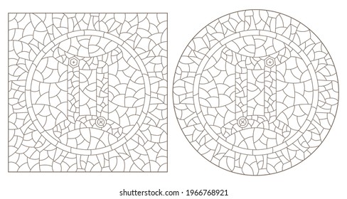 Set of contour illustrations in the style of stained glass with the signs of the zodiac gemini, dark contours on a white background