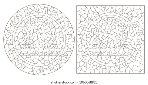 Set of contour illustrations in the style of stained glass with the signs of the zodiac Libra, dark contours on a white background