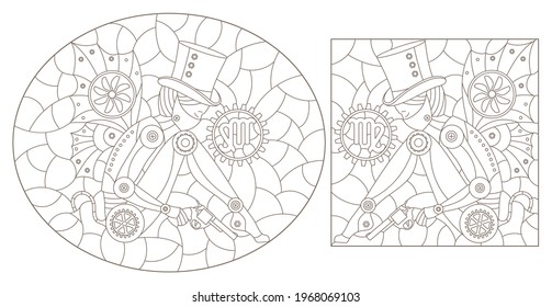 Conjunto de ilustraciones de contorno en el estilo de vidrio manchado con signos de punk de vapor del zodiaco Virgo, contornos oscuros sobre un fondo blanco