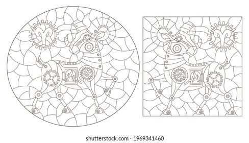 Set of contour illustrations in the style of stained glass with steam punk signs of the zodiac aries, dark contours on a white background