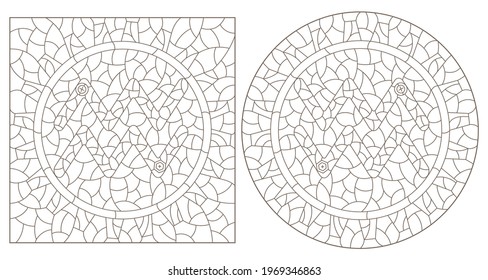 Set of contour illustrations in the style of stained glass with the signs of the zodiac Aquarius, dark contours on a white background