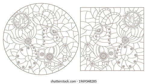 Set of contour illustrations in the style of stained glass with steam punk signs of the zodiac Capricorn, dark contours on a white background