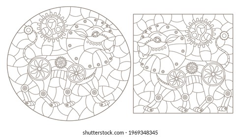 Conjunto de ilustraciones de contorno en el estilo de vidrios manchados con signos de punk de vapor del zodiac leo, contornos oscuros sobre un fondo blanco