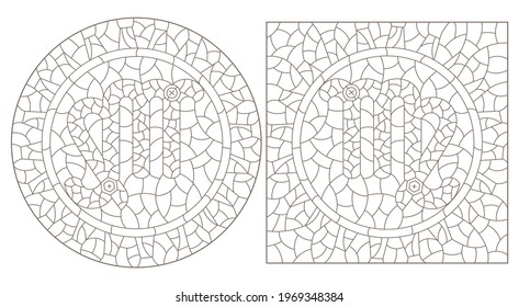 Set of contour illustrations in the style of stained glass with the signs of the zodiac Virgo, dark contours on a white background