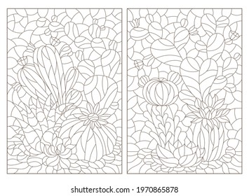 Set of contour illustrations in the style of stained glass with compositions of cacti, dark outlines on a white background