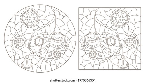 Set of contour illustrations in the style of stained glass with steam punk signs of the zodiac pisces , dark contours on a white background