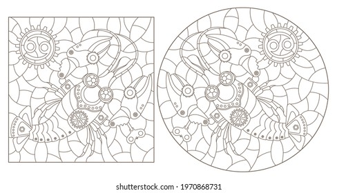 Set of contour illustrations in the style of stained glass with steam punk signs of the zodiac cancer , dark contours on a white background