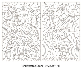 Set of contour illustrations in the style of a stained glass window with mushrooms compositions, dark outlines on a white background