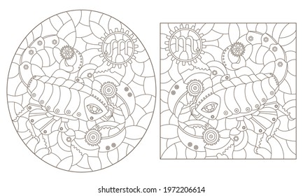 Set of contour illustrations in the style of stained glass with steam punk signs of the zodiac scorpio , dark contours on a white background