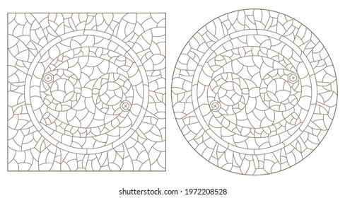 Set of contour illustrations in the style of stained glass with the signs of the zodiac Cancer, dark contours on a white background