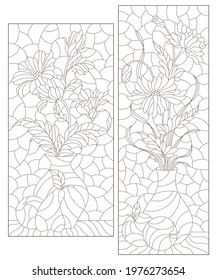 Set of contour illustrations in the style of stained glass with floral still lifes, dark outlines on a white background