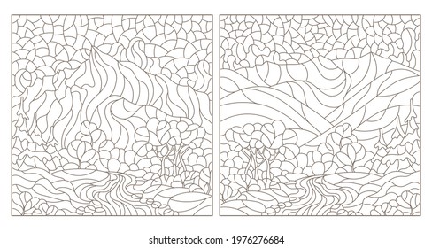 Set of contour illustrations in the style of stained glass with mountain landscapes, dark outlines on a white background