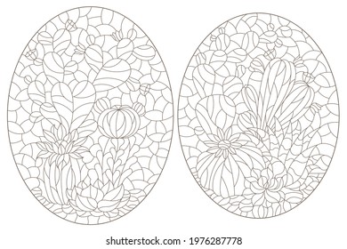 Set of contour illustrations in the style of stained glass with compositions of cacti, dark outlines on a white background