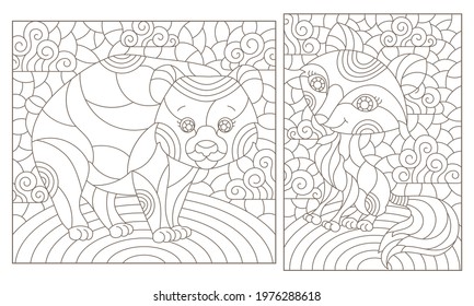 Set of contour illustrations in the style of stained glass with cute cartoon bear and fox, dark outlines on a white background