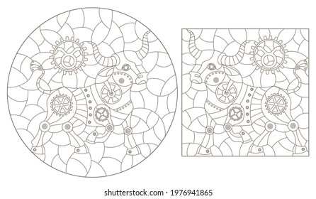 Set of contour illustrations in the style of stained glass with steam punk signs of the zodiac Taurus, dark contours on a white background