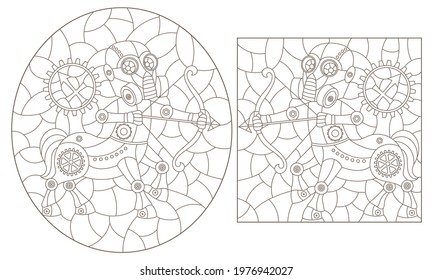 Set of contour illustrations in the style of stained glass with steam punk signs of the zodiac Sagittarius, dark contours on a white background