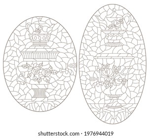 Set of contour illustrations in the style of stained glass with Russian samovars and teapots, dark outlines on a white background, oval images