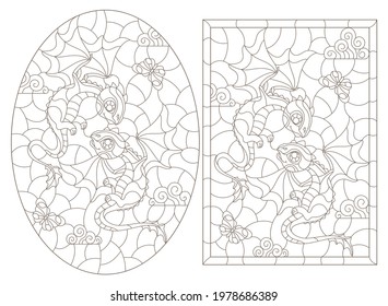 Set of contour illustrations in the style of stained glass with cartoon cute dragons, dark outlines on a white background