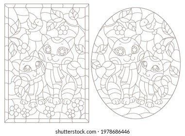 Set of contour illustrations in the style of stained glass with a pair of cartoon cats, dark outlines on a white background