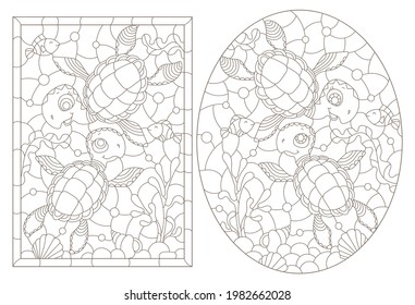 Eine Reihe von Kontur-Illustrationen im Stil eines Buntglasfensters mit Schildkröten auf Meereshintergrund, dunkle Konturen auf weißem Hintergrund