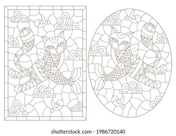 A set of contour illustrations in the style of stained glass with cute cartoon cats and fish on the background of the sky, dark outlines on a white background