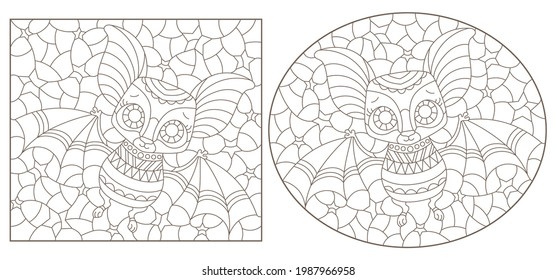 A set of contour illustrations in the style of stained glass with cartoon bats, dark outlines on a white background