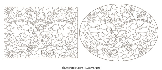 Un conjunto de ilustraciones de contorno en el estilo de vidrios manchados con lindos pájaros de caricatura y flores, contornos oscuros sobre un fondo blanco