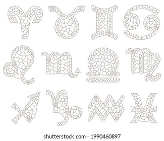 A set of contour illustrations in the style of stained glass with zodiac signs, outline icons isolated on a white background