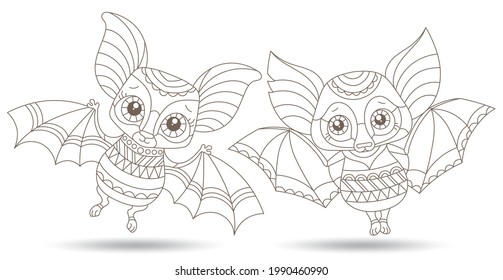 A set of contour illustrations in the style of stained glass with cartoon bats, outline animals isolated on a white background