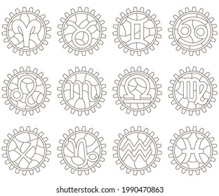 Un conjunto de ilustraciones de contorno en el estilo de vidrio manchado con signos de zodiaco en los engranajes, iconos de contorno aislados en un fondo blanco