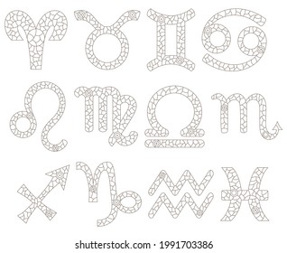 A set of contour illustrations in the style of stained glass with zodiac signs, outline icons isolated on a white background