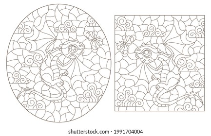 Set of contour illustrations in the style of stained glass with cartoon cute dragons, dark outlines on a white background