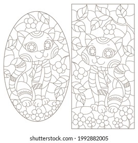 Set of contour illustrations in the style of stained glass with a pair of cartoon cats, dark outlines on a white background