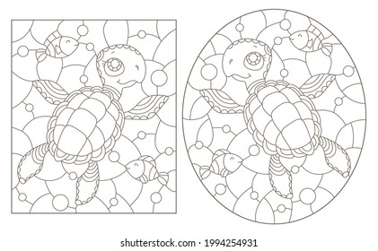 A set of contour illustrations in the style of stained glass with cute cartoon turtles, dark outlines on a white background