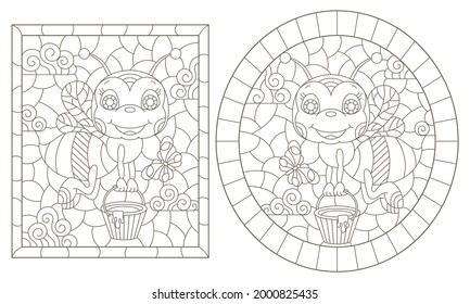 A set of contour illustrations in the style of a stained glass window with cartoon bees, dark contours on a white background