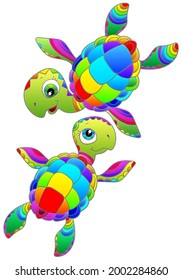 A set of contour illustrations in the style of stained glass with bright cartoon turtles, animals isolated on a white background