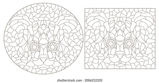 A set of contour illustrations in the style of stained glass with abstract tigers, dark contours on a white background