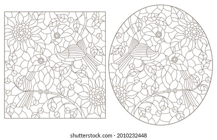 Un conjunto de ilustraciones de contorno en el estilo de vidrios manchados con pájaros adorables sobre ramas y flores, contornos oscuros sobre un fondo blanco