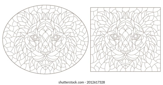 A set of contour illustrations in the style of stained glass with abstract tigers, dark contours on a white background