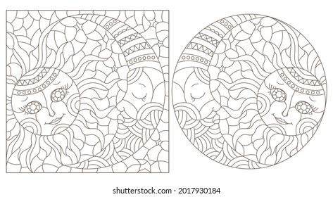 A set of contour illustrations in the style of a stained glass window with a cute sun and moon, dark contours on a white background